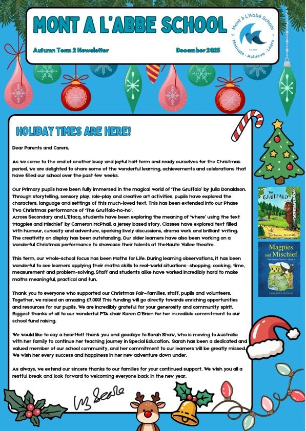 Mont L'Abbe School December newsletter with holiday theme.