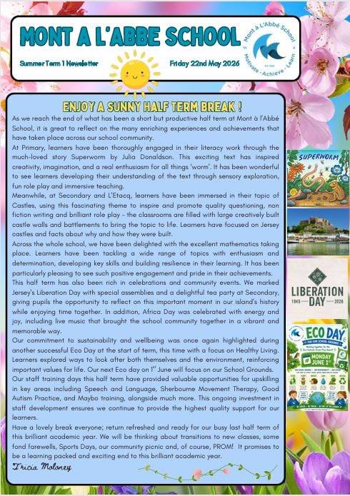 Mont A L'Abbe School summer term newsletter image.